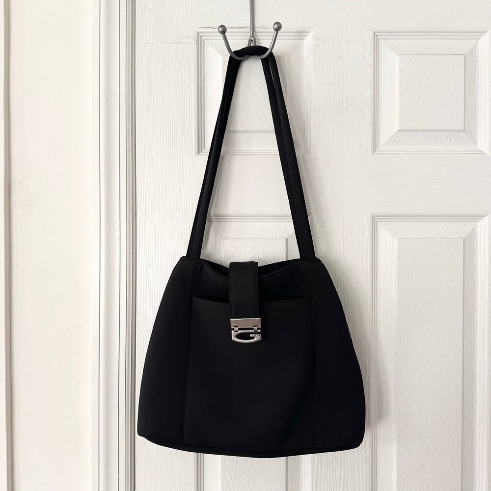 Guess Black Vintage Gunmetal G Hardware Closure Scuba Neoprene Shoulder Bag Y2K